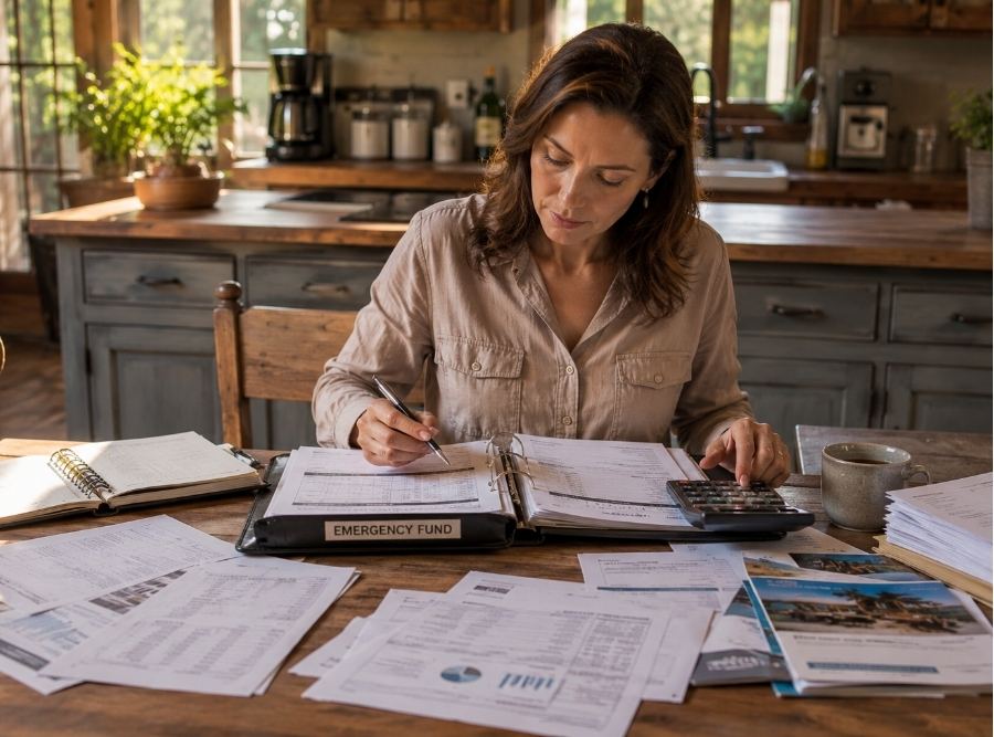 Homeowner reviews household budget, emergency fund records, and recurring expenses at a rustic kitchen table while organizing long-term financial plans.